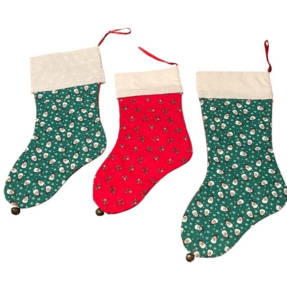 Set Of 3 Vintage Handmade Christmas Stockings With Snowman & Floral Prints 16" - Picture 2 of 15